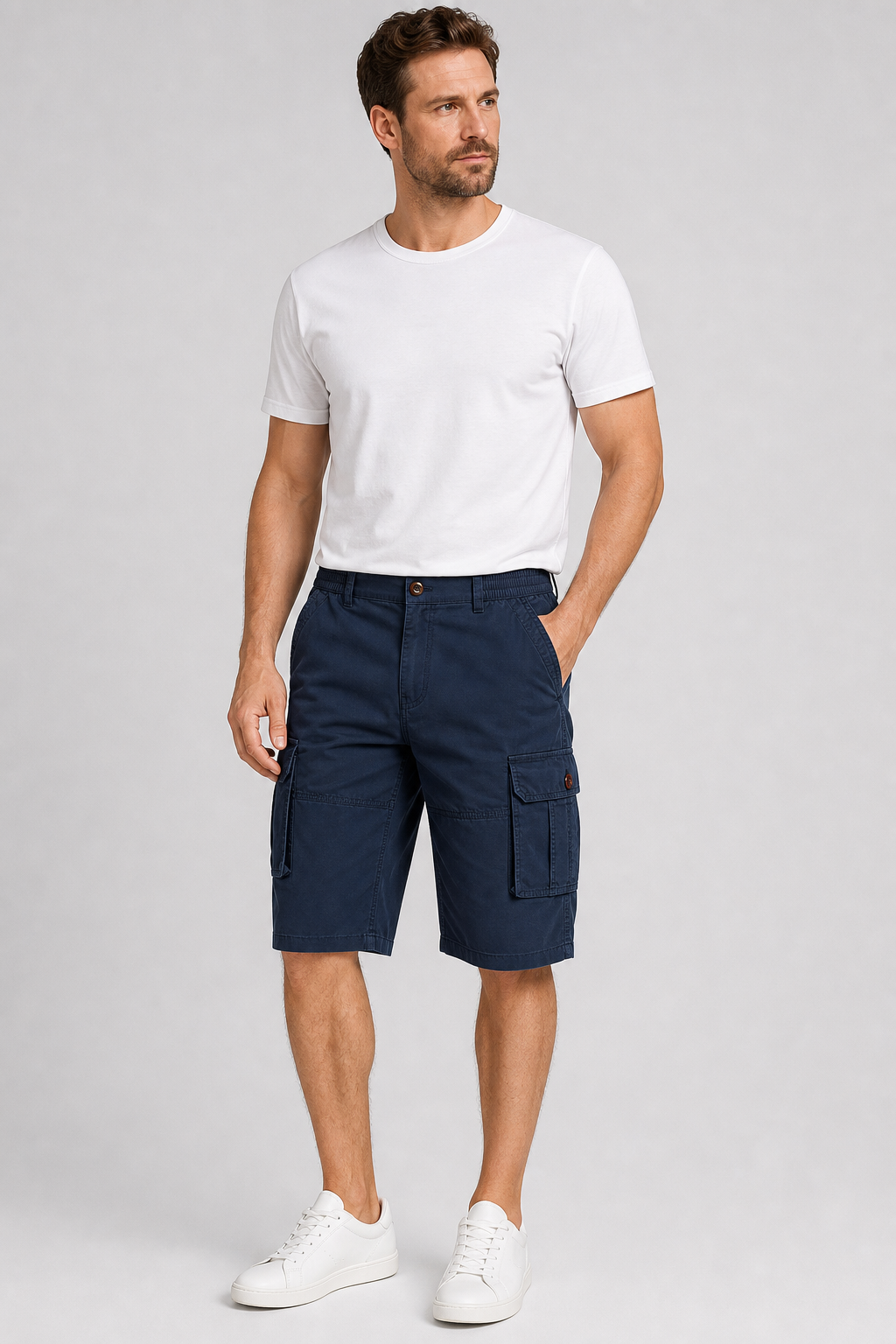 Navy men's elastic waist cargo shorts