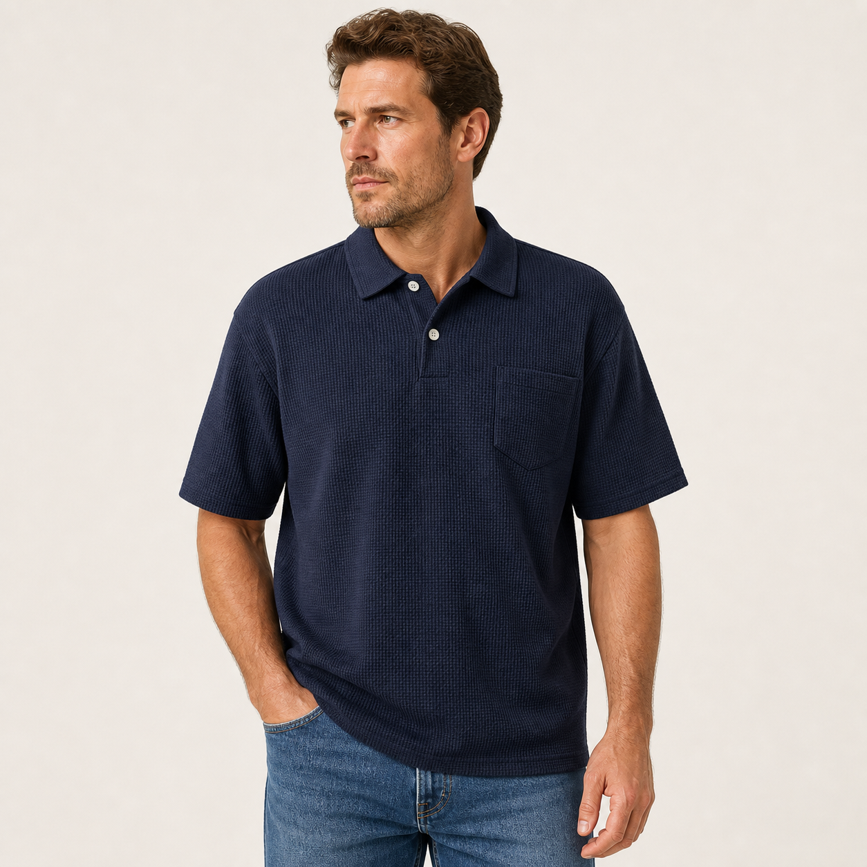 Navy men's textured waffle pocket polo shirt