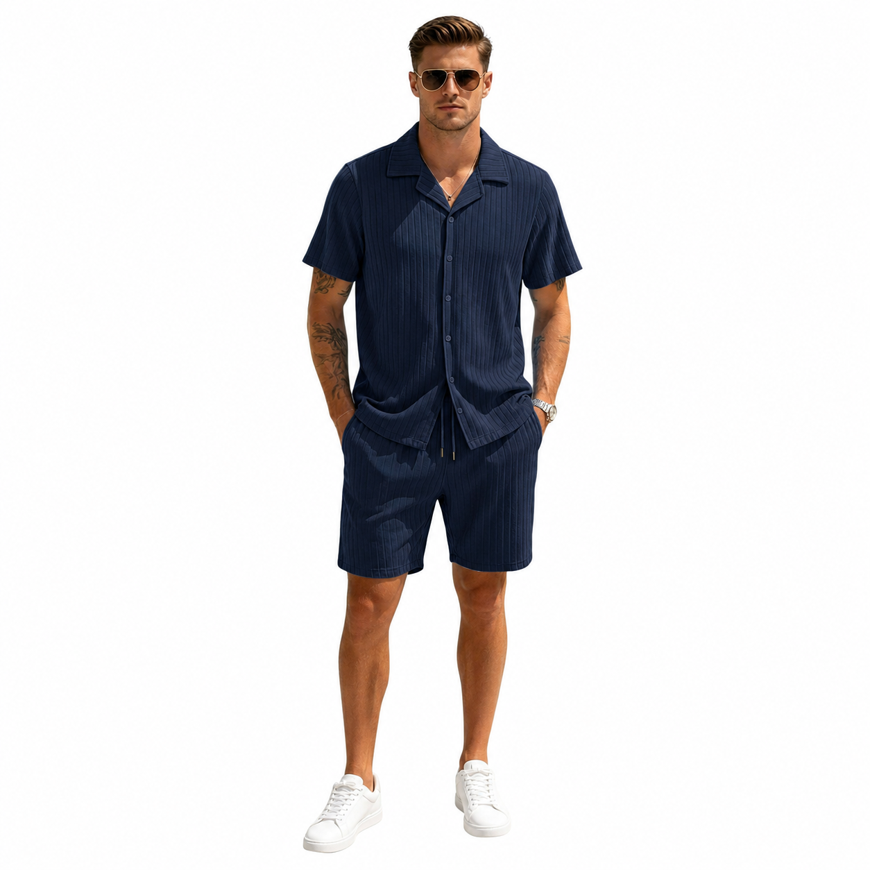 Navy men's ribbed shirt and shorts set
