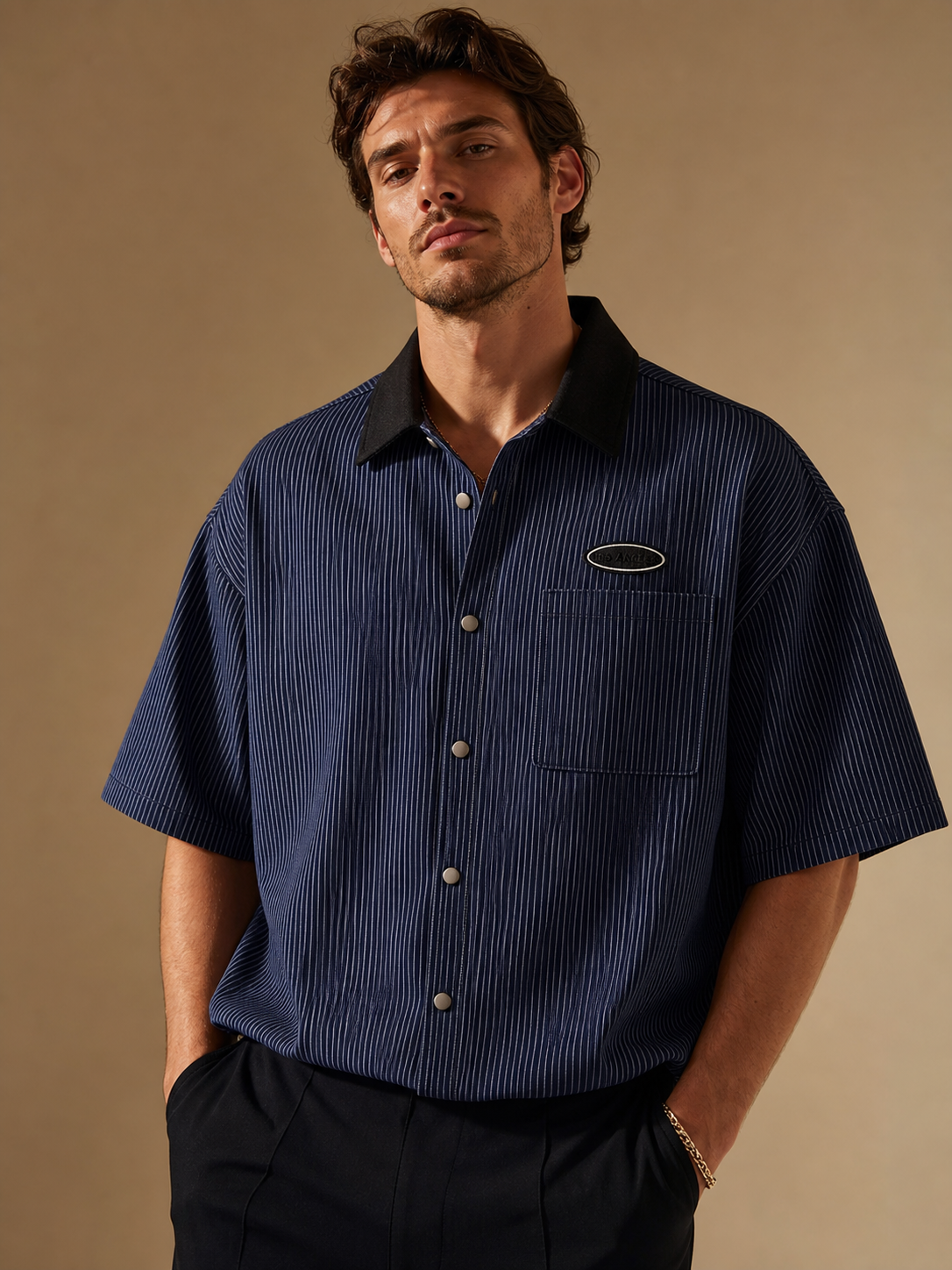 Navy men's striped button shirt