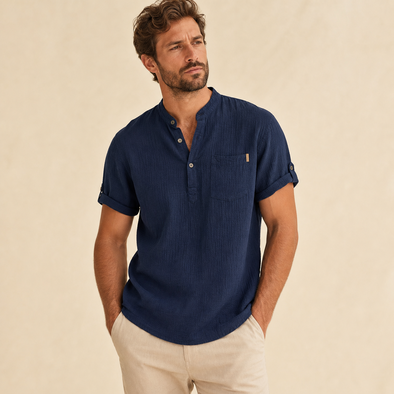 Navy men's short sleeve band collar pocket henley shirt