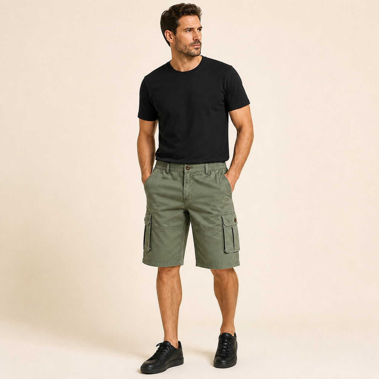 Olive men's elastic waist cargo shorts