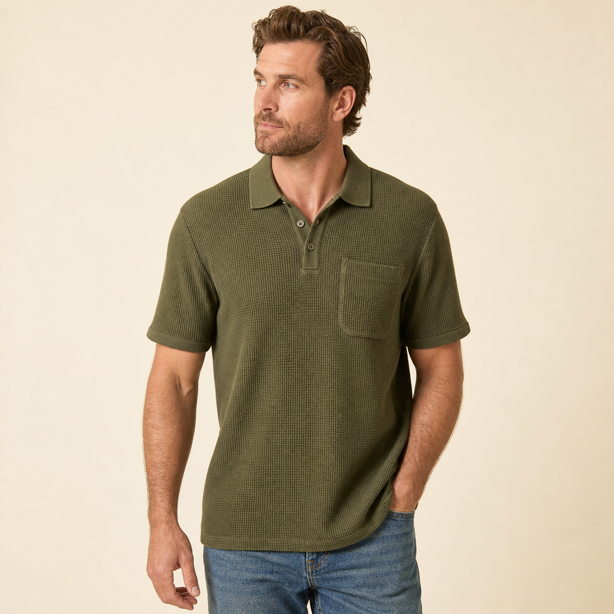 Olive men's textured waffle pocket polo shirt