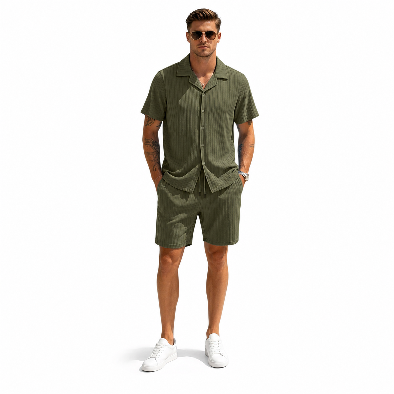 Olive men's ribbed shirt and shorts set