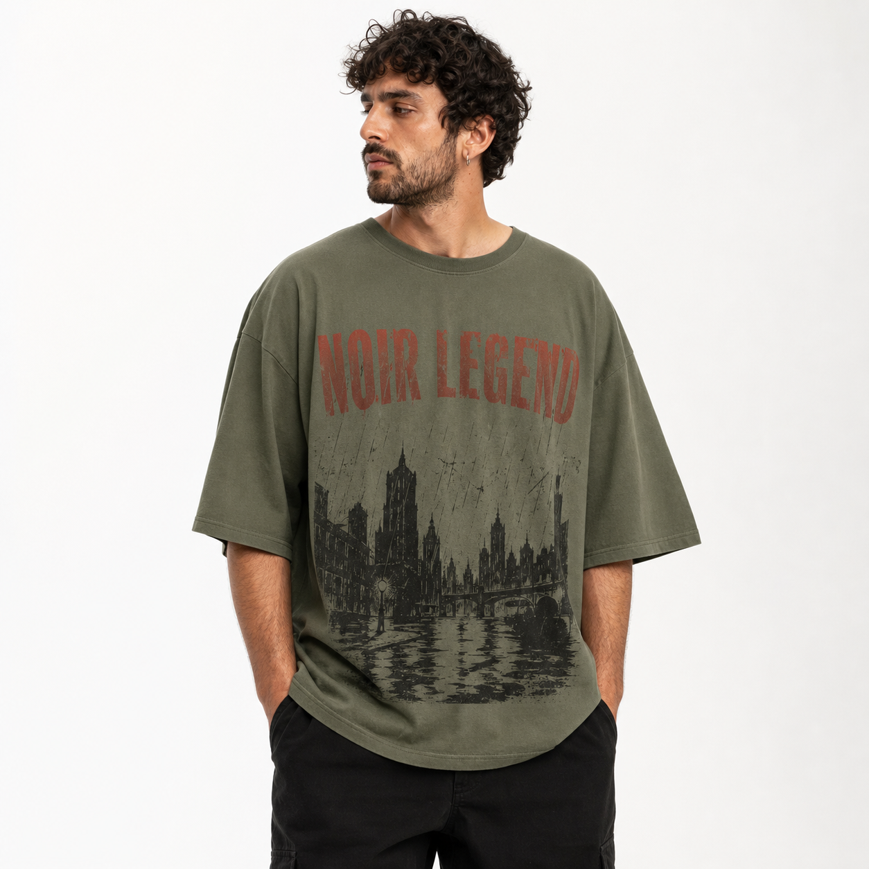 Olive men's vintage noir graphic tee