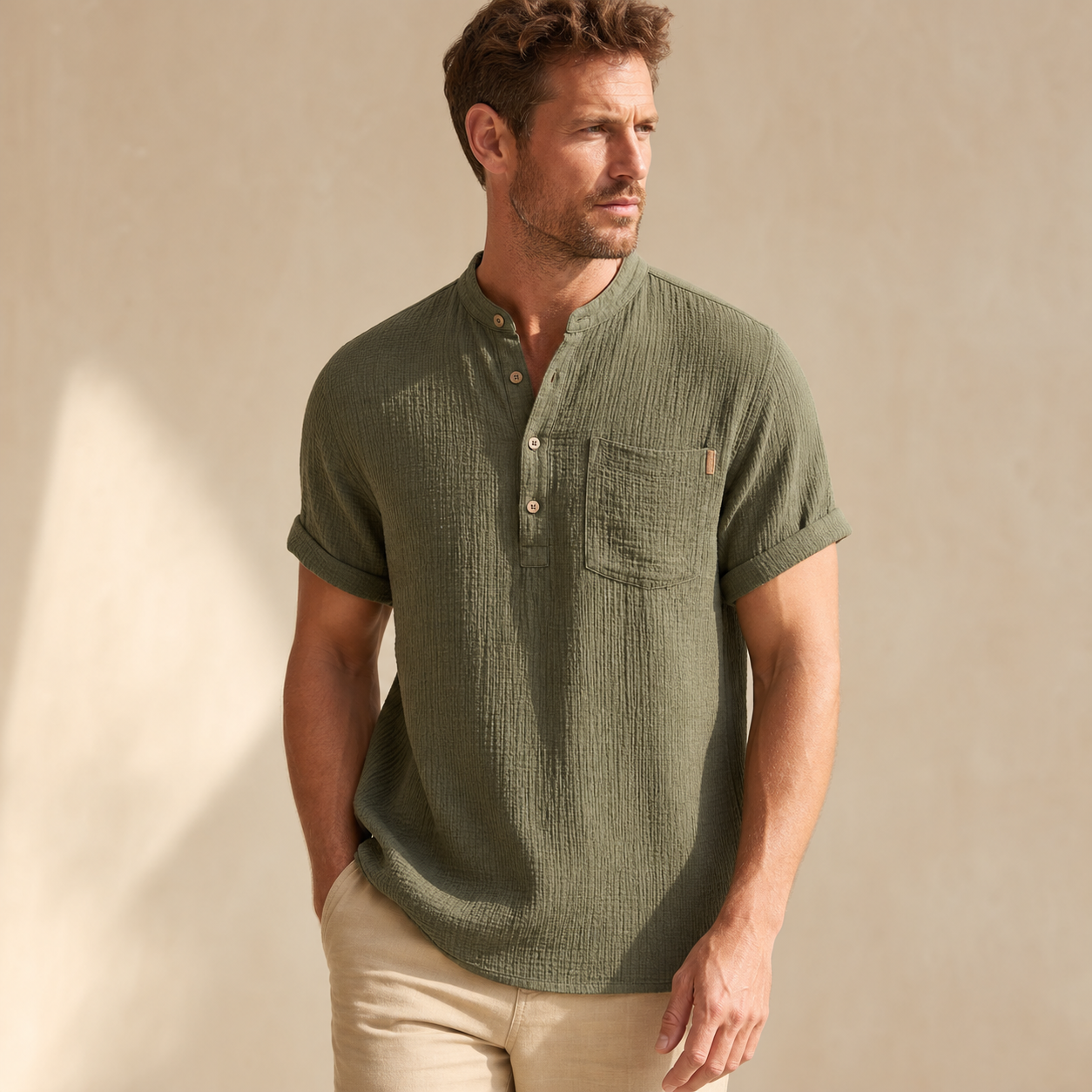 Olive men's short sleeve band collar pocket henley shirt