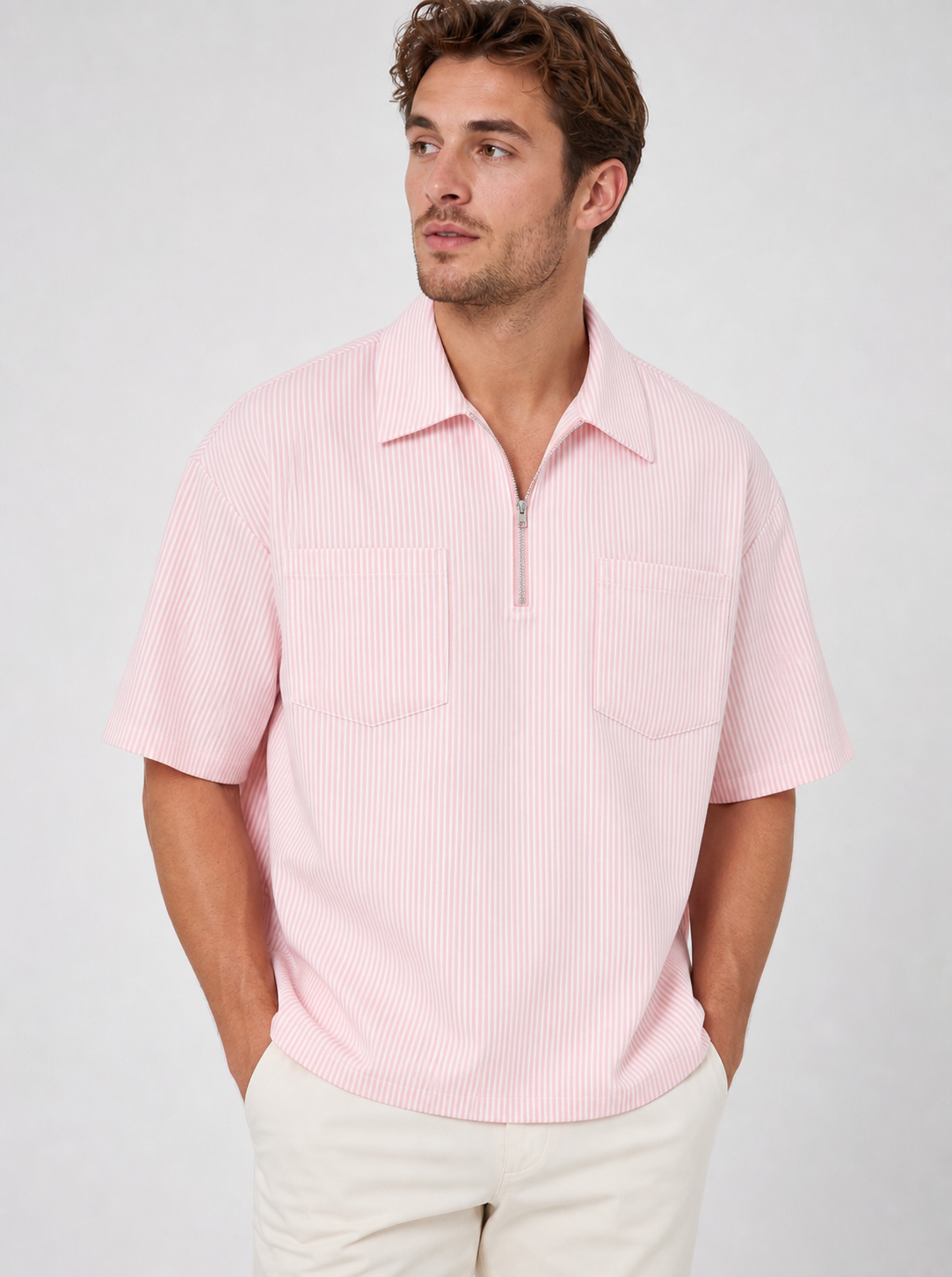 Pink men's striped quarter zip shirt