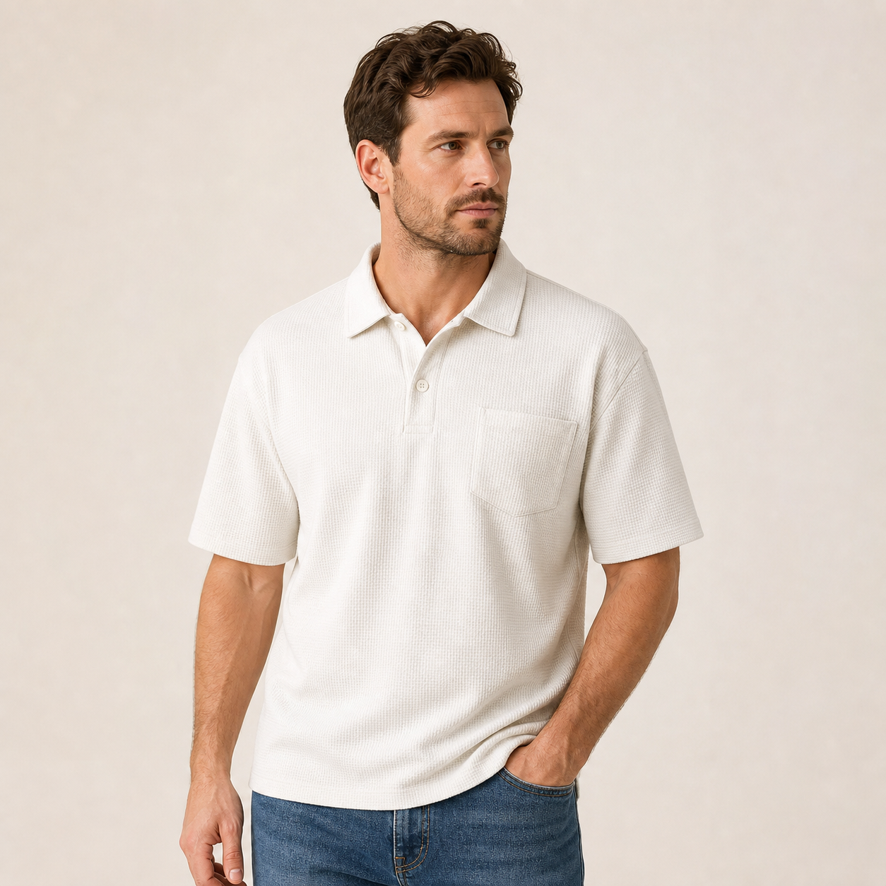 White men's textured waffle pocket polo shirt