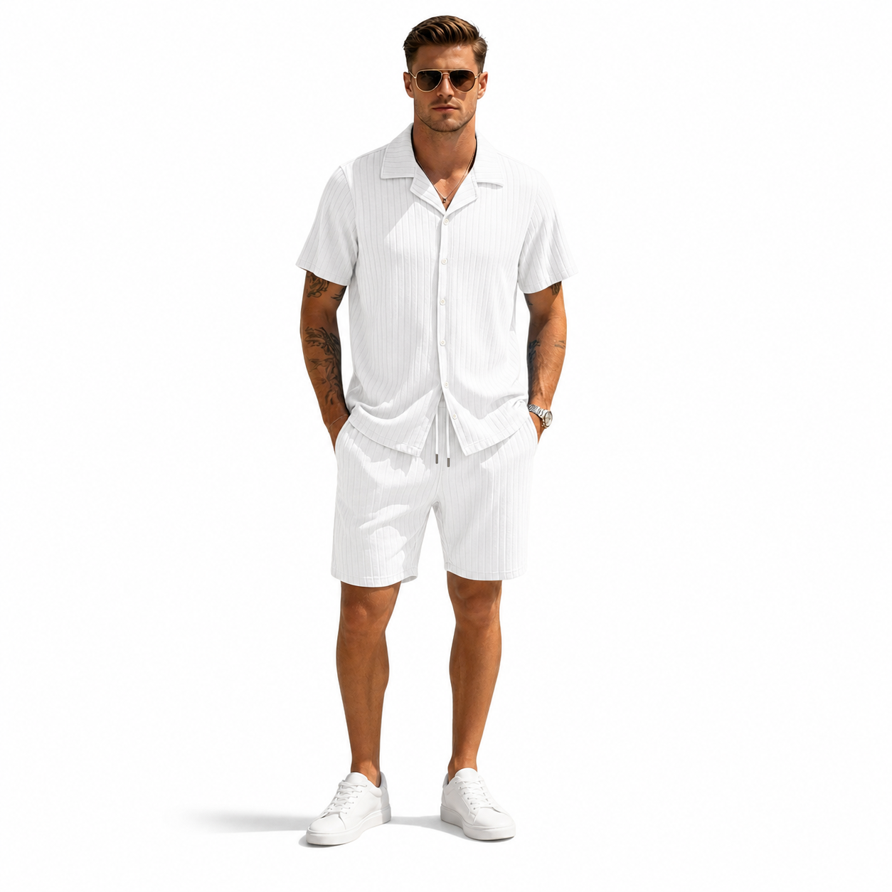 White men's ribbed shirt and shorts set