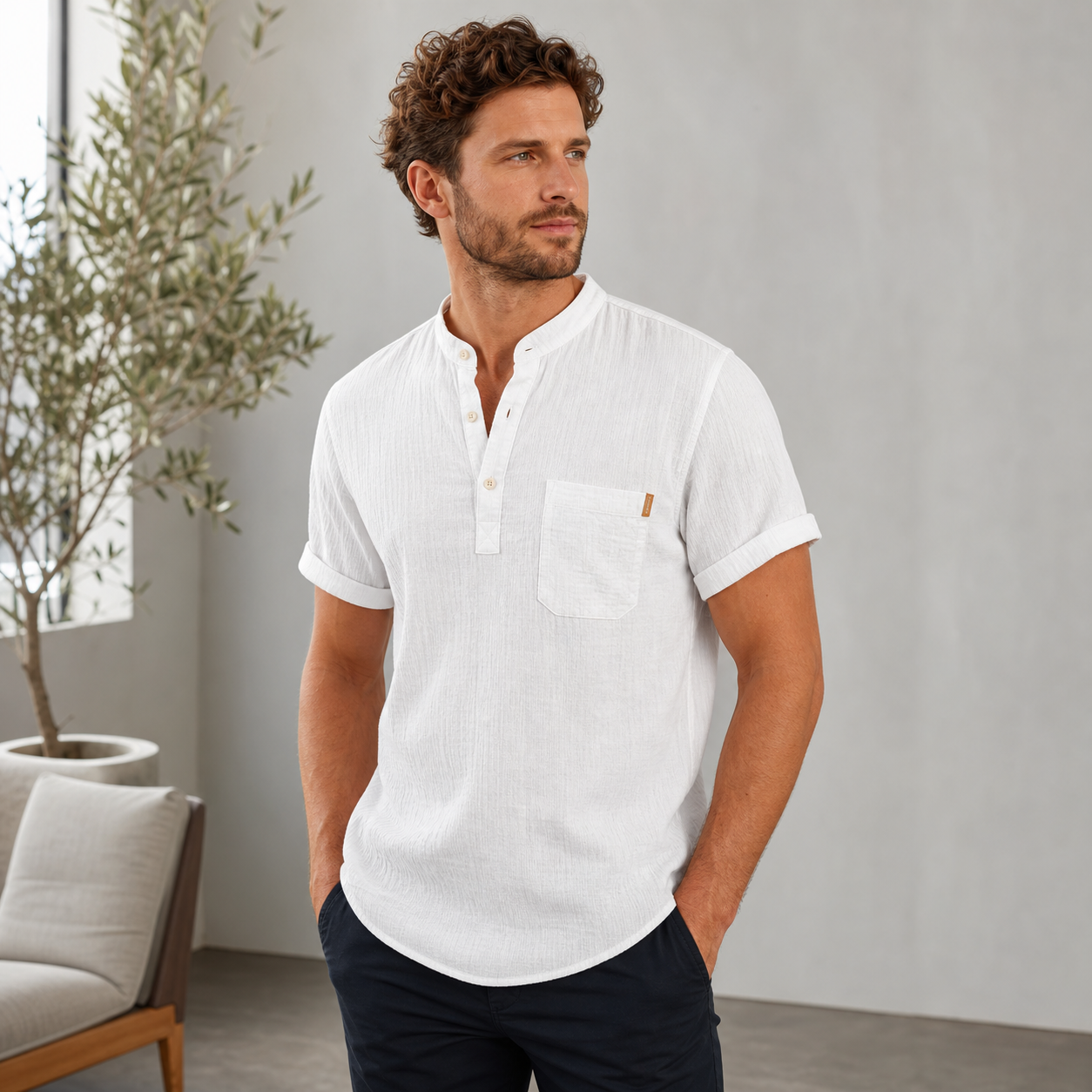 White men's short sleeve band collar pocket henley shirt