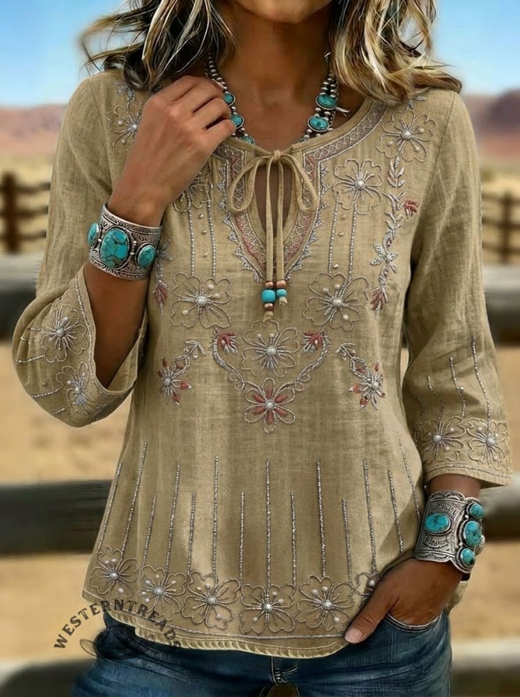 Women's  Floral Embroidered Boho Blouse – Casual 3/4 Sleeve Tie-Neck Top