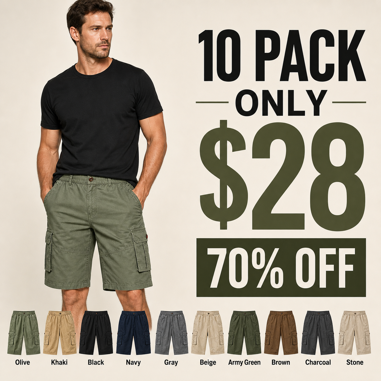 10 pack only 28 dollars men's elastic waist cargo shorts