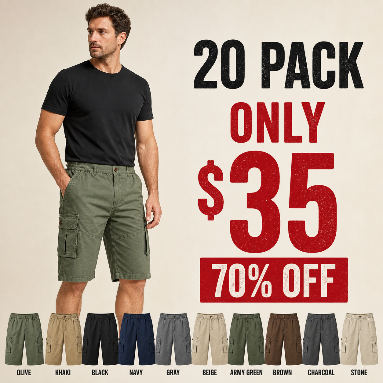 20 pack only 35 dollars men's elastic waist cargo shorts