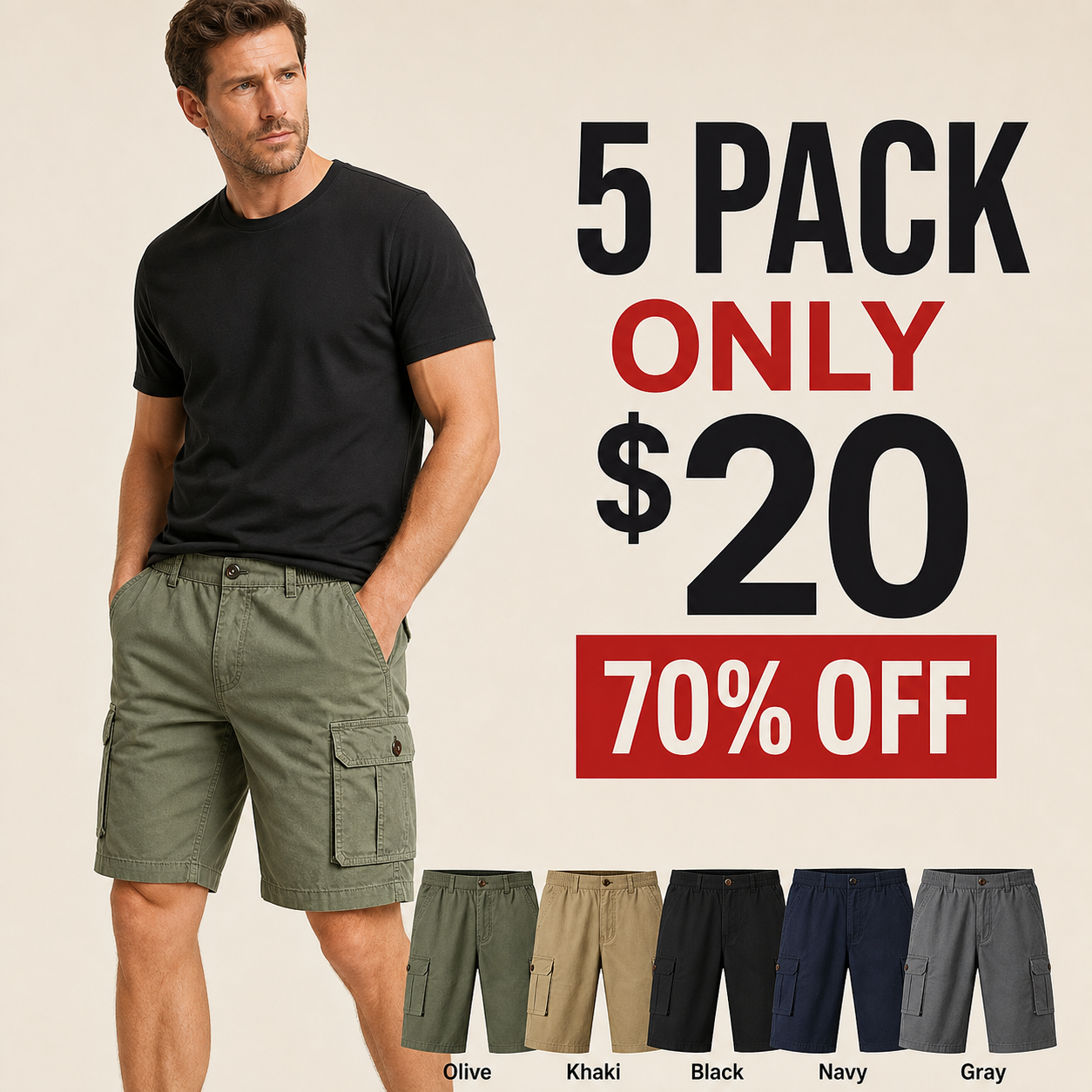 5 pack only 20 dollars men's elastic waist cargo shorts