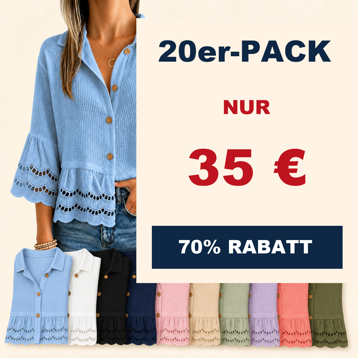 ⏰Räumungsverkauf⚡10er-Pack für 28 €⚡ Damenbluse mit Knopfleiste und Spitzenbesatz