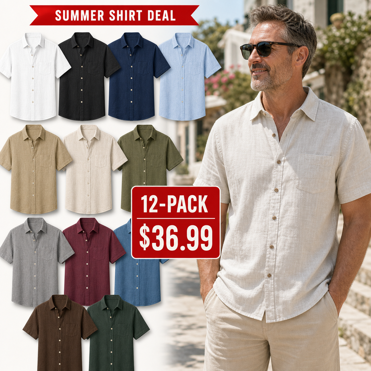 ⏰Clearance Sale⚡12-Pack for $36.99⚡Men's Lightweight Linen Blend Short Sleeve Button Down Shirt