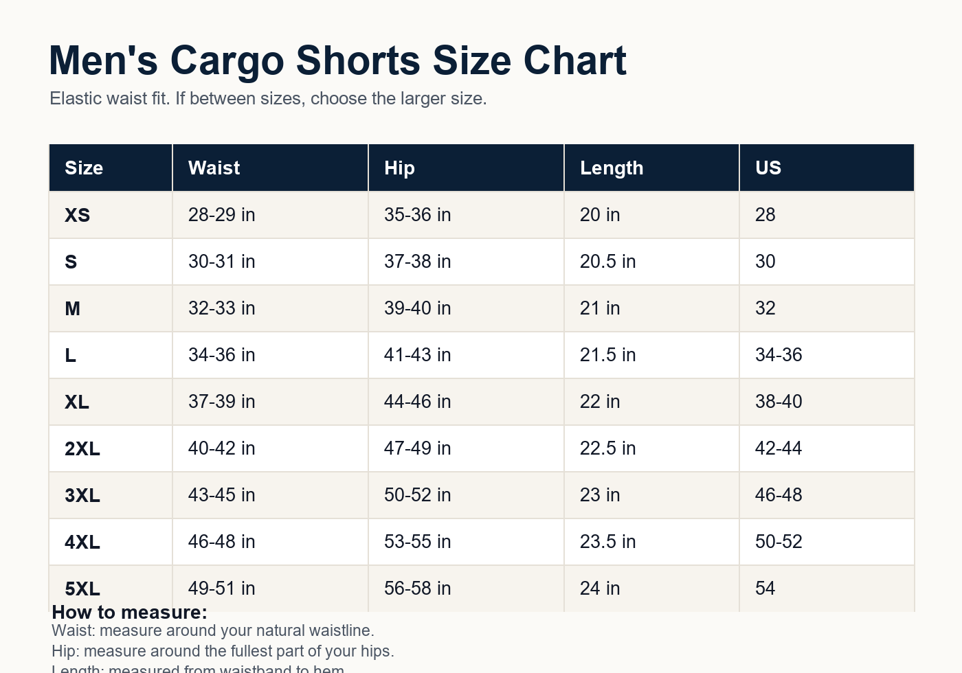 Men's elastic waist cargo shorts size chart