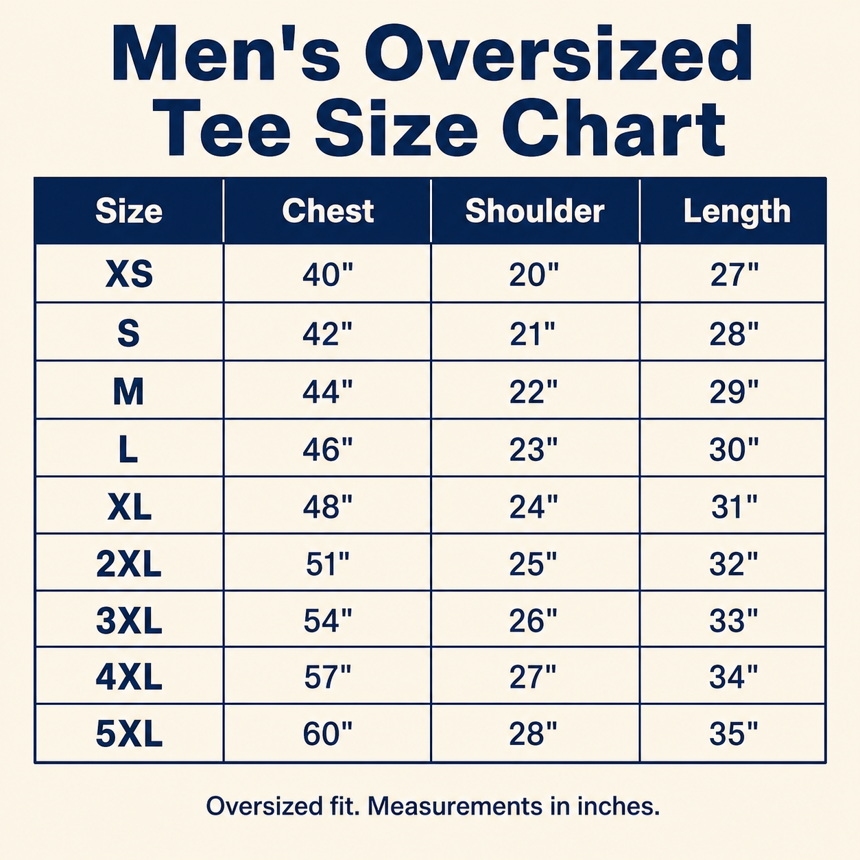 Men's oversized graphic tee size chart