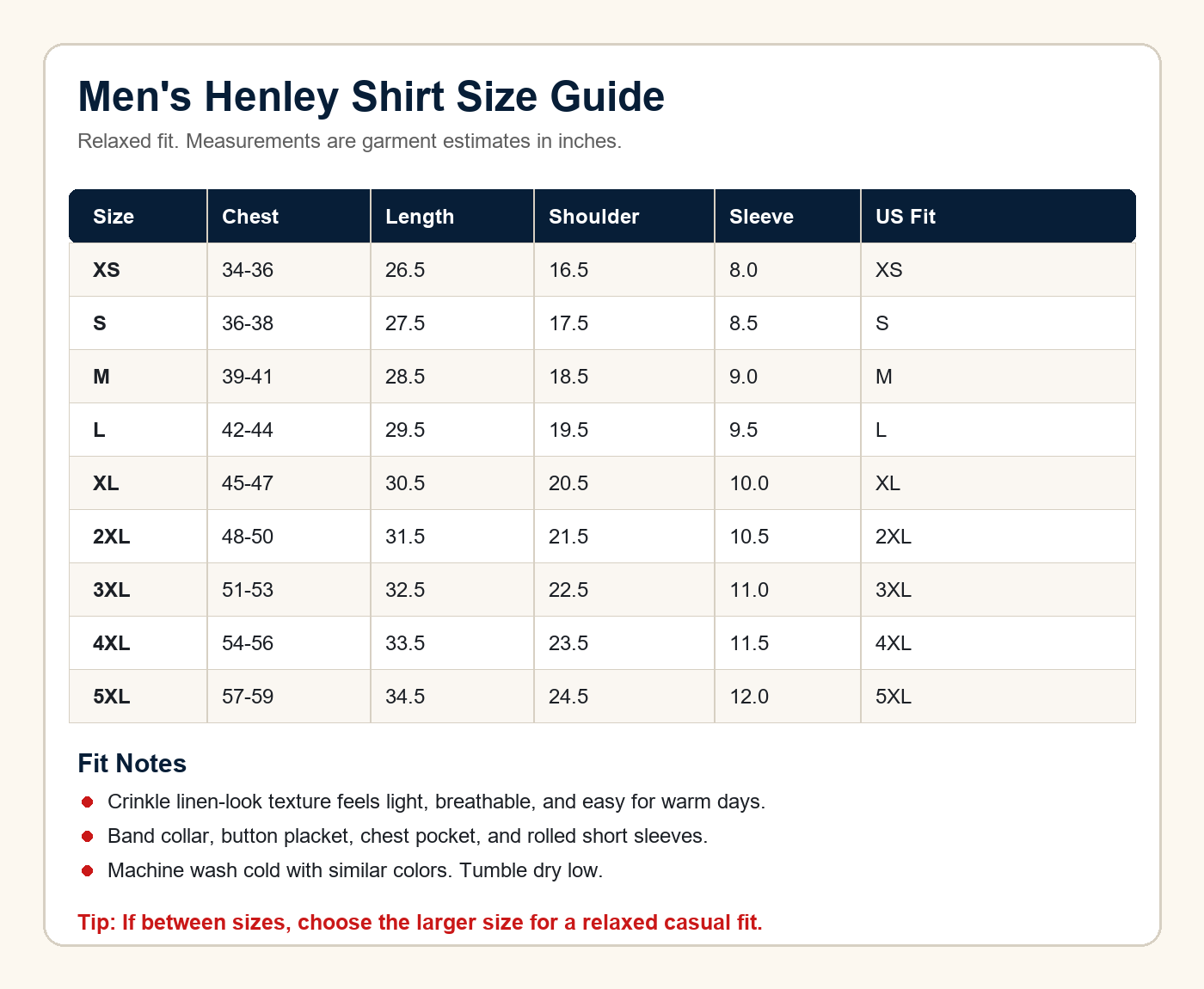 Men's short sleeve band collar pocket henley shirt size chart