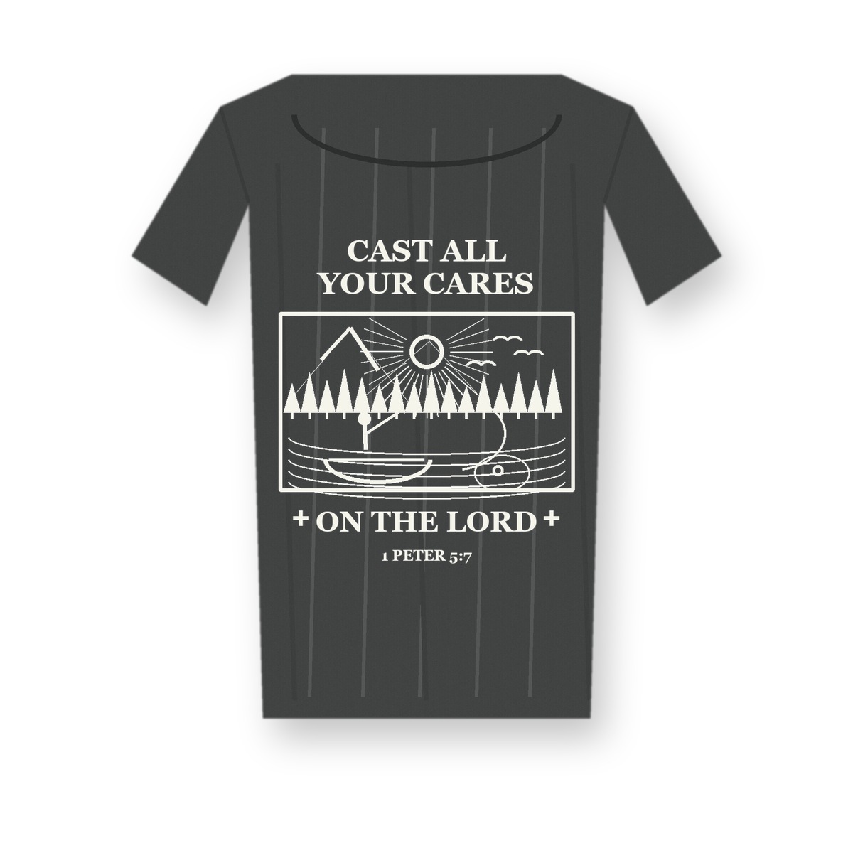 Revised 1200x1200 Men's Cast All Your Cares fishing tee - variant charcoal