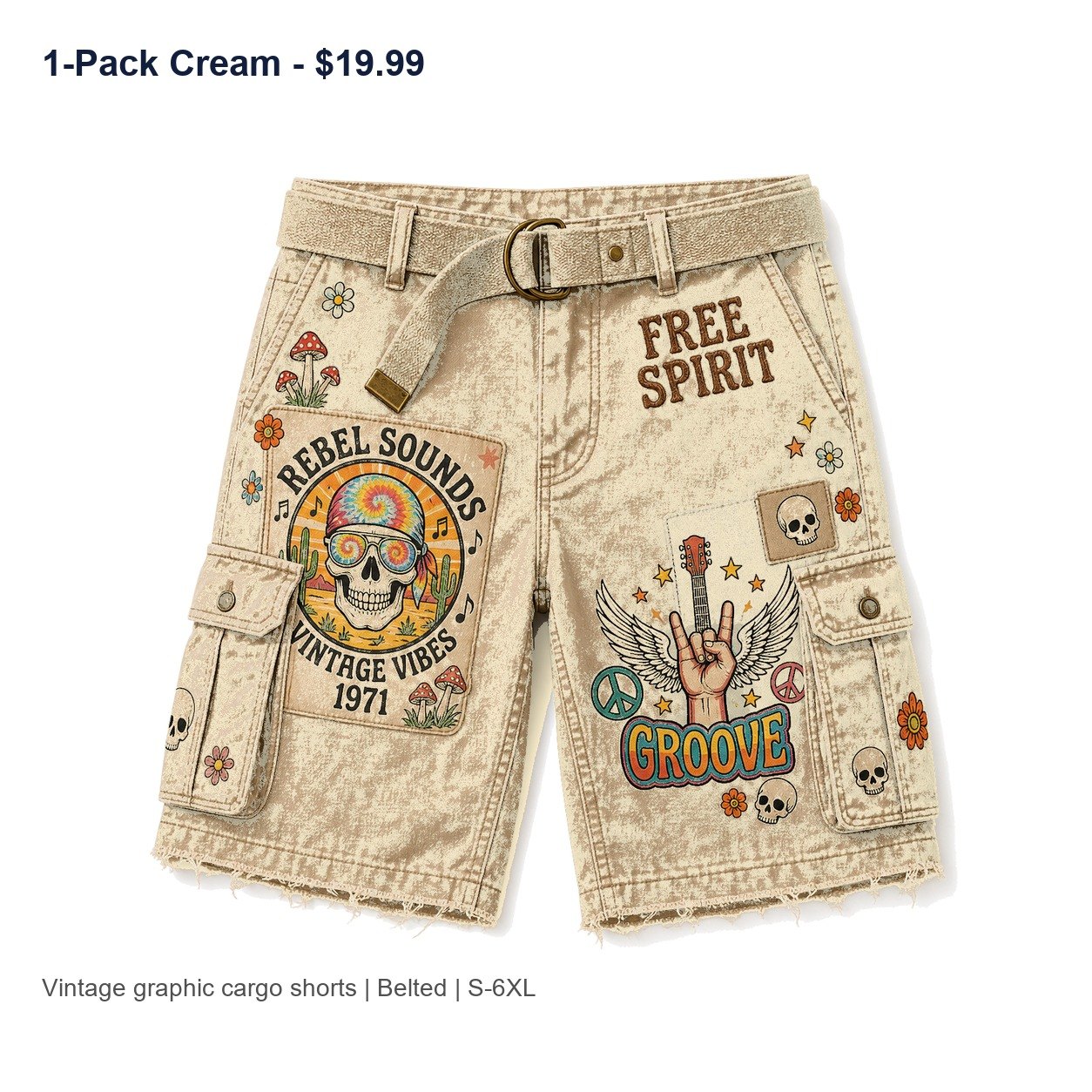 Men's vintage graphic cargo shorts - variant cream