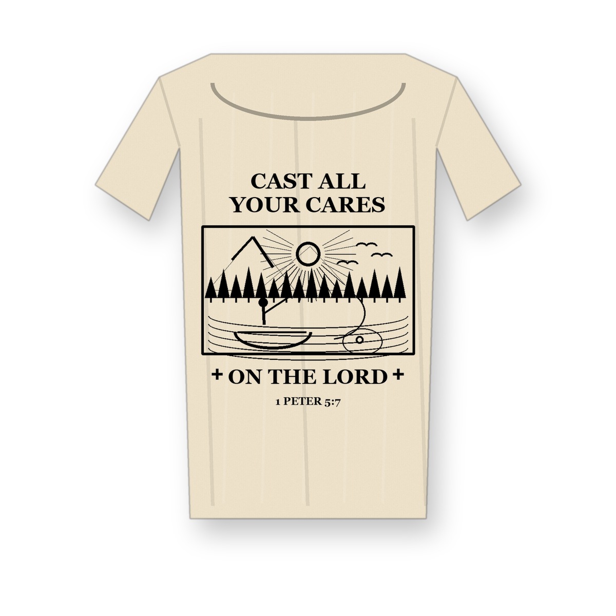 Revised 1200x1200 Men's Cast All Your Cares fishing tee - variant cream