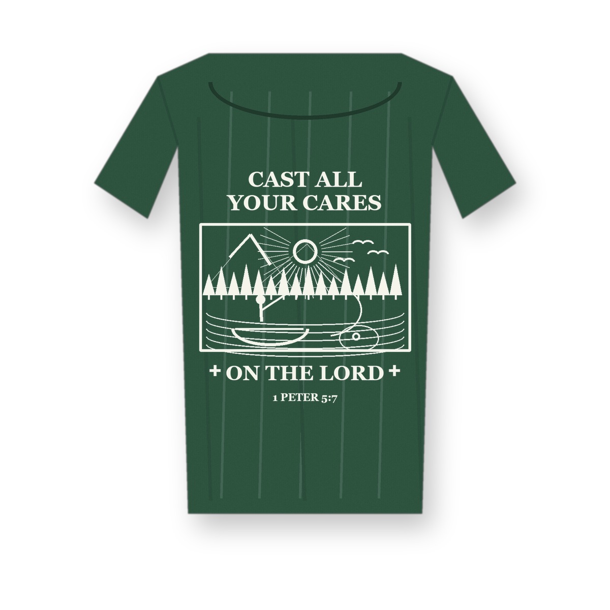 Revised 1200x1200 Men's Cast All Your Cares fishing tee - variant forest green