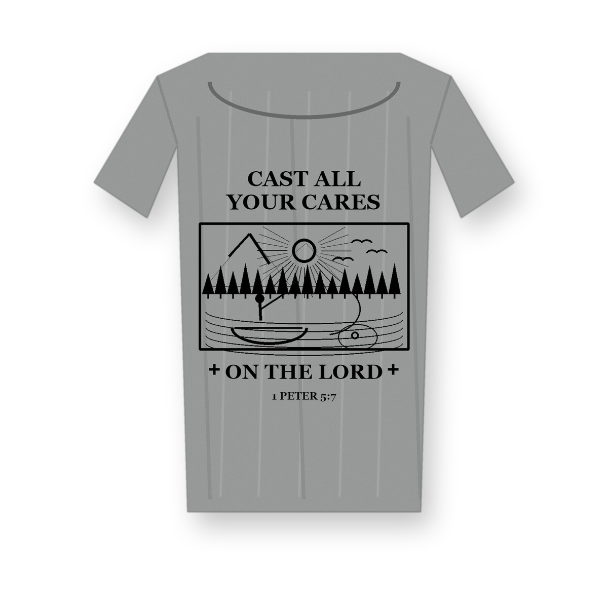 Revised 1200x1200 Men's Cast All Your Cares fishing tee - variant heather gray