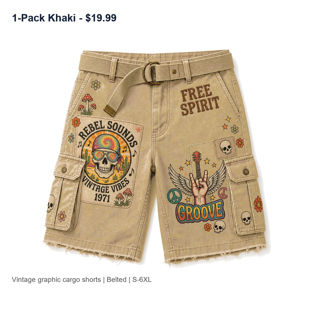 Men's vintage graphic cargo shorts - variant khaki