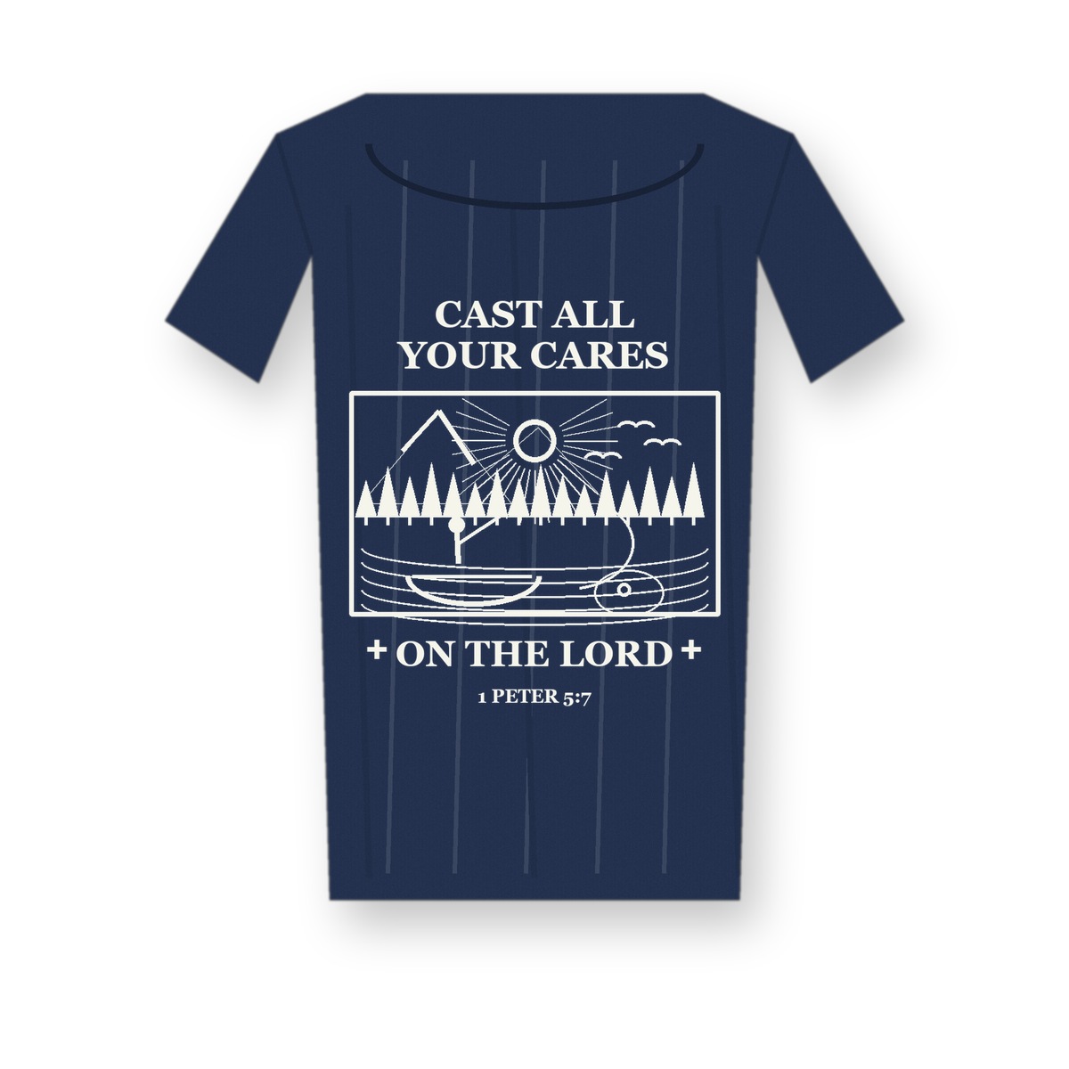 Revised 1200x1200 Men's Cast All Your Cares fishing tee - variant navy