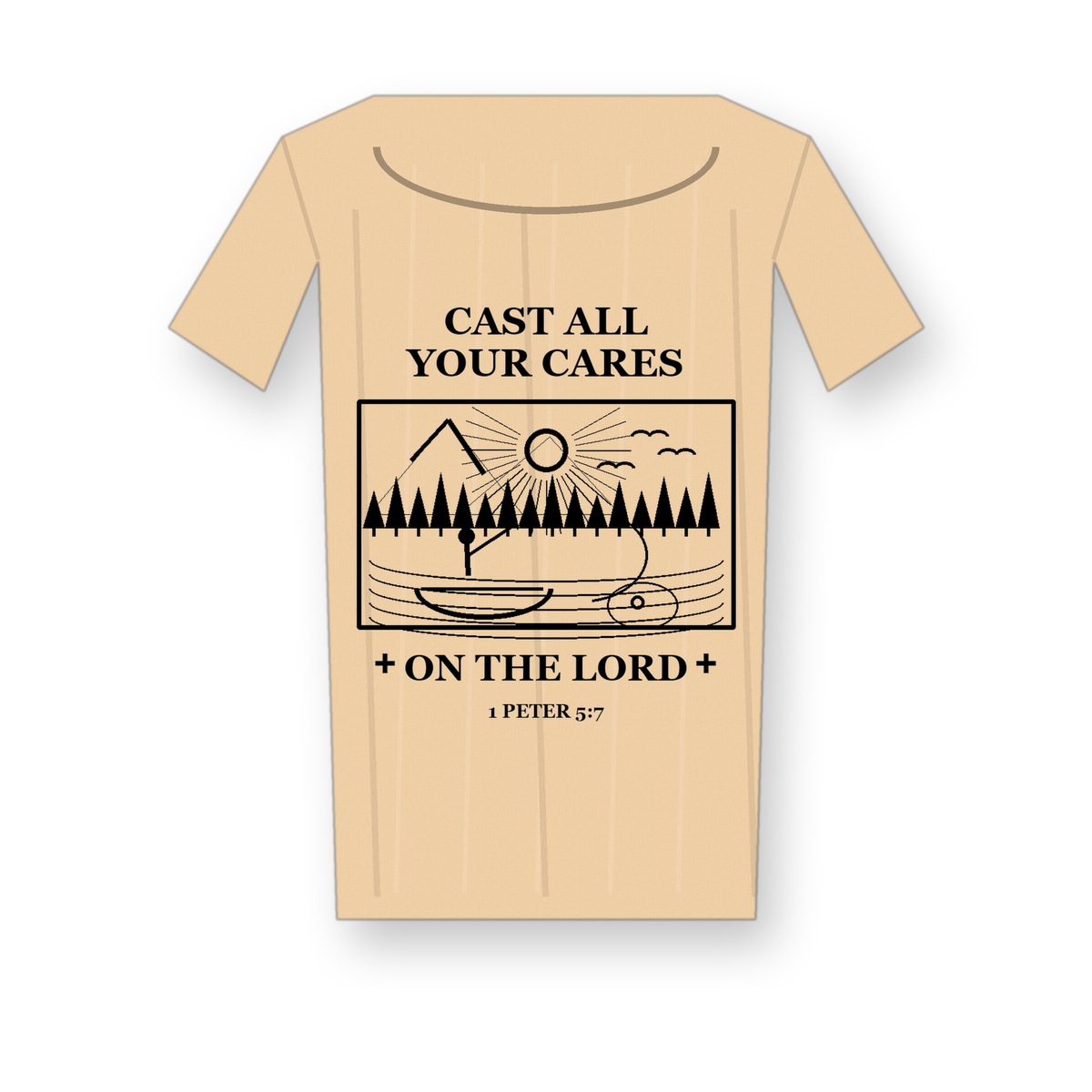 Revised 1200x1200 Men's Cast All Your Cares fishing tee - variant sand