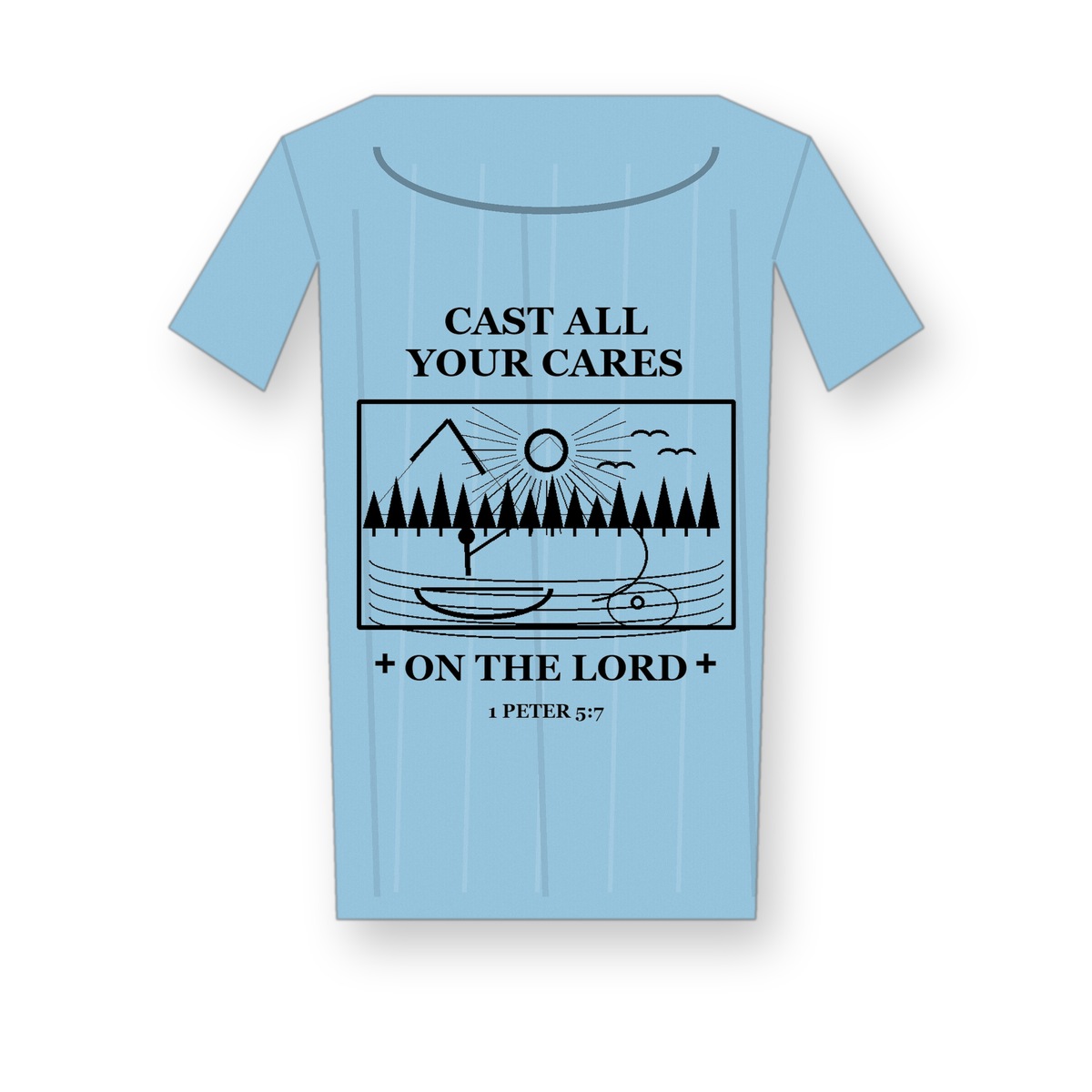 Revised 1200x1200 Men's Cast All Your Cares fishing tee - variant sky blue