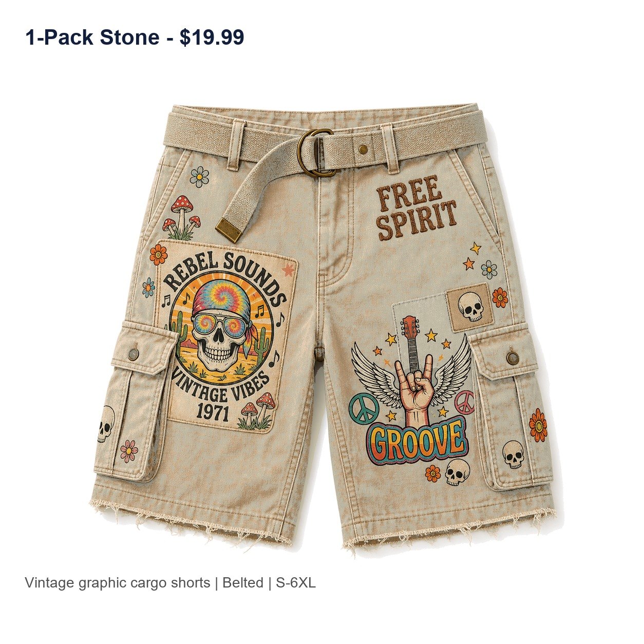 Men's vintage graphic cargo shorts - variant stone