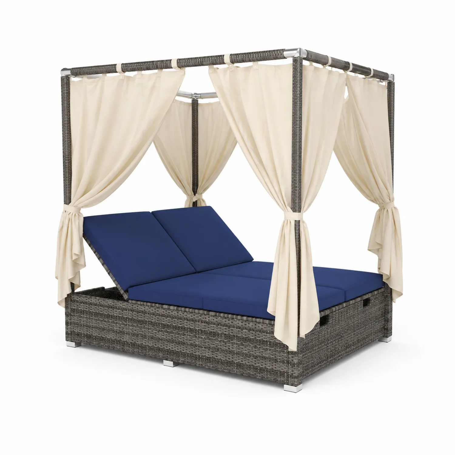 Letto Esterno in Rattan con Cuscini Blu e Tende Crema-Casnidolor