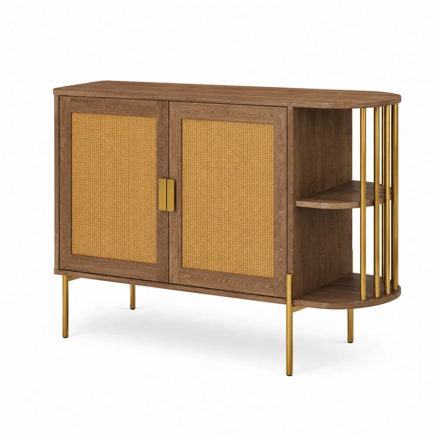 Credenza in legno con anta in rattan e ripiani aperti-Casnidolor