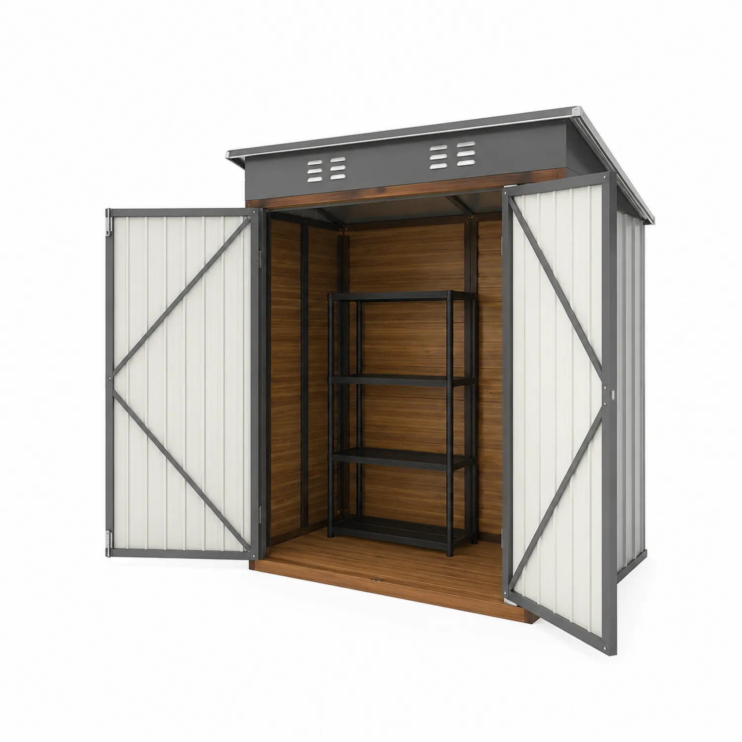 Capanno da Giardino in Metallo e Legno con Scaffalatura Interna-Casnidolor
