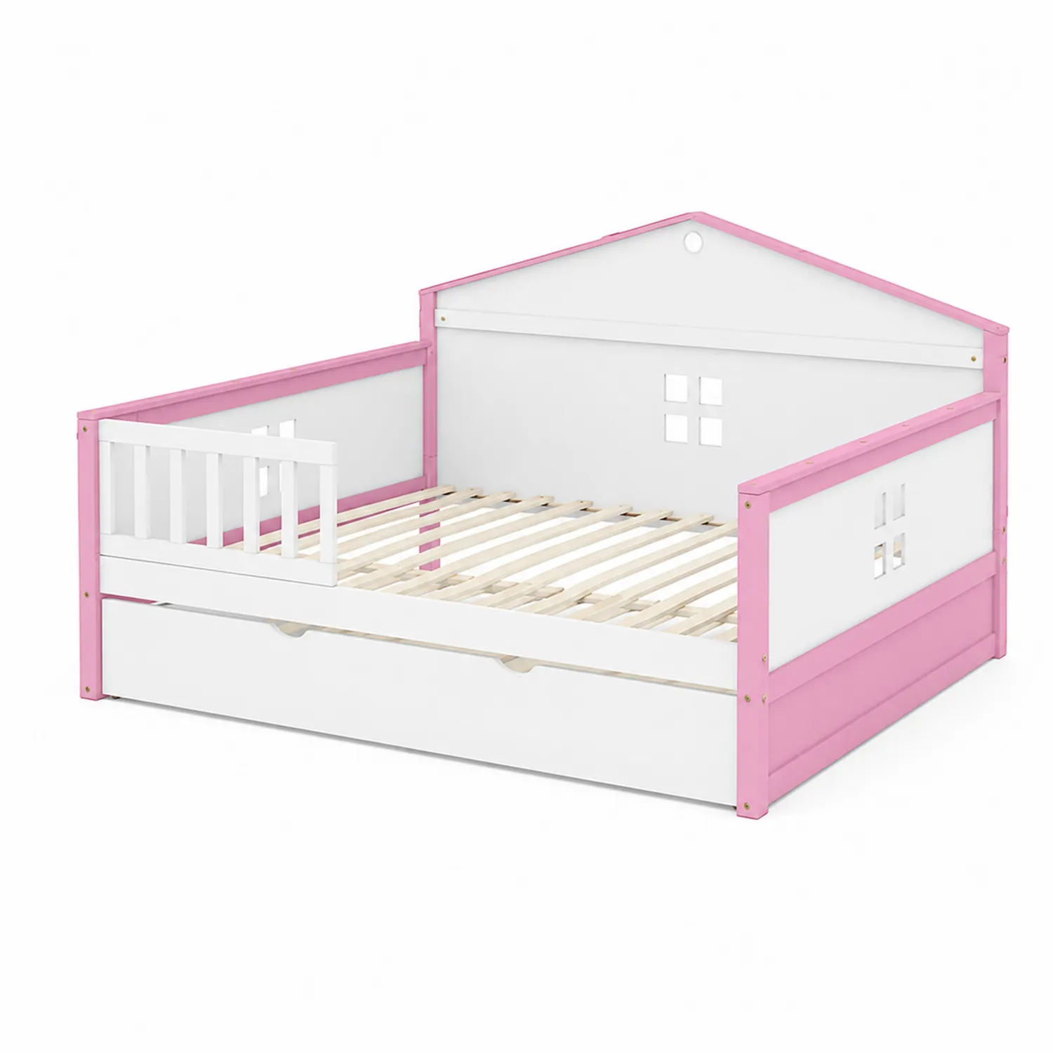 Letto per bambini in legno di pino bianco e rosa con cassetto 200x90 cm-Casnidolor