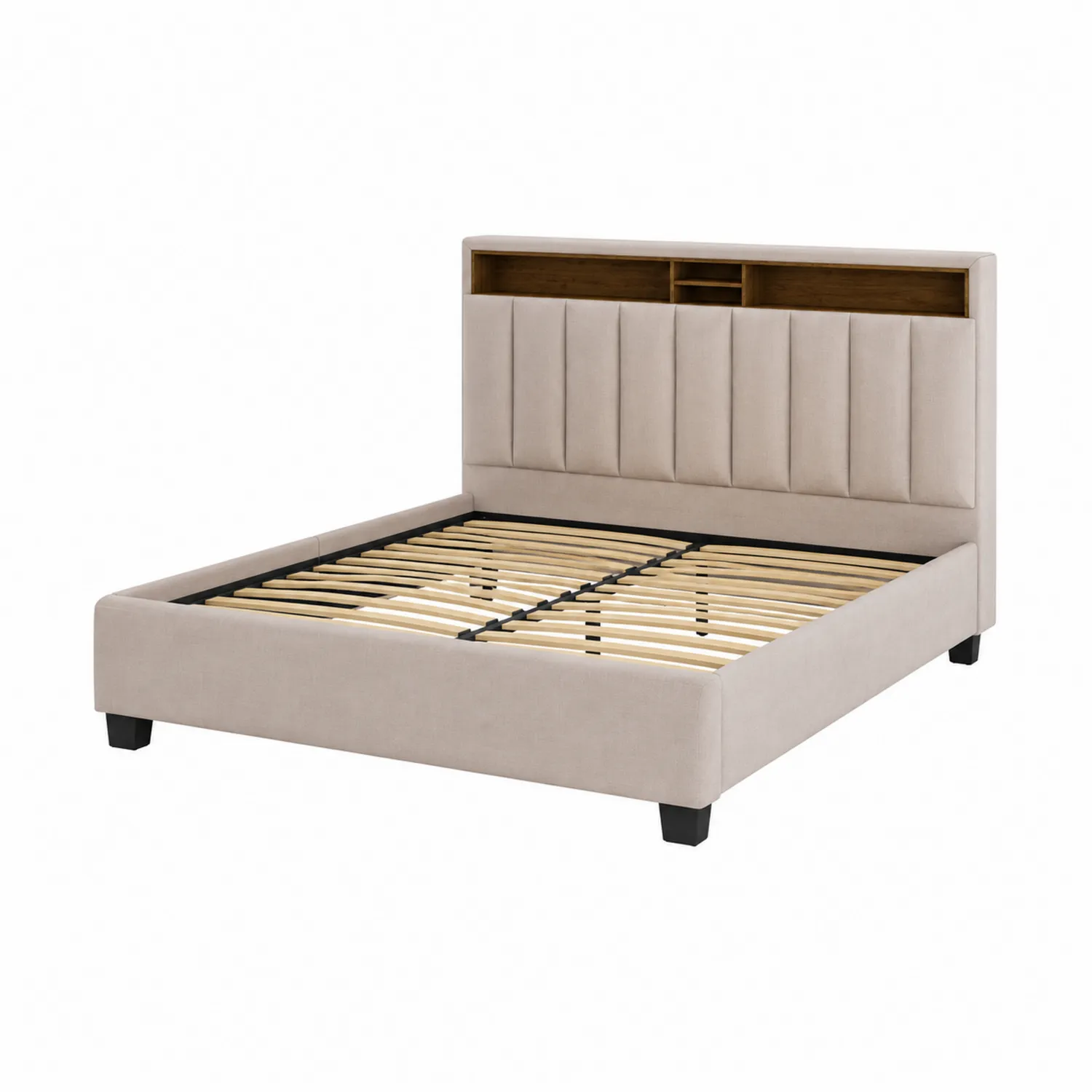 Letto in tessuto con testiera e ripiani integrati 200x160 cm Beige-Casnidolor