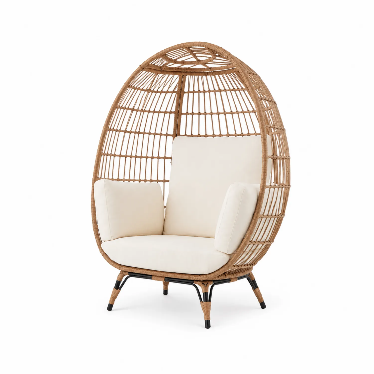 Poltrona da esterno in rattan sintetico con cuscini in tessuto impermeabile beige-Casnidolor