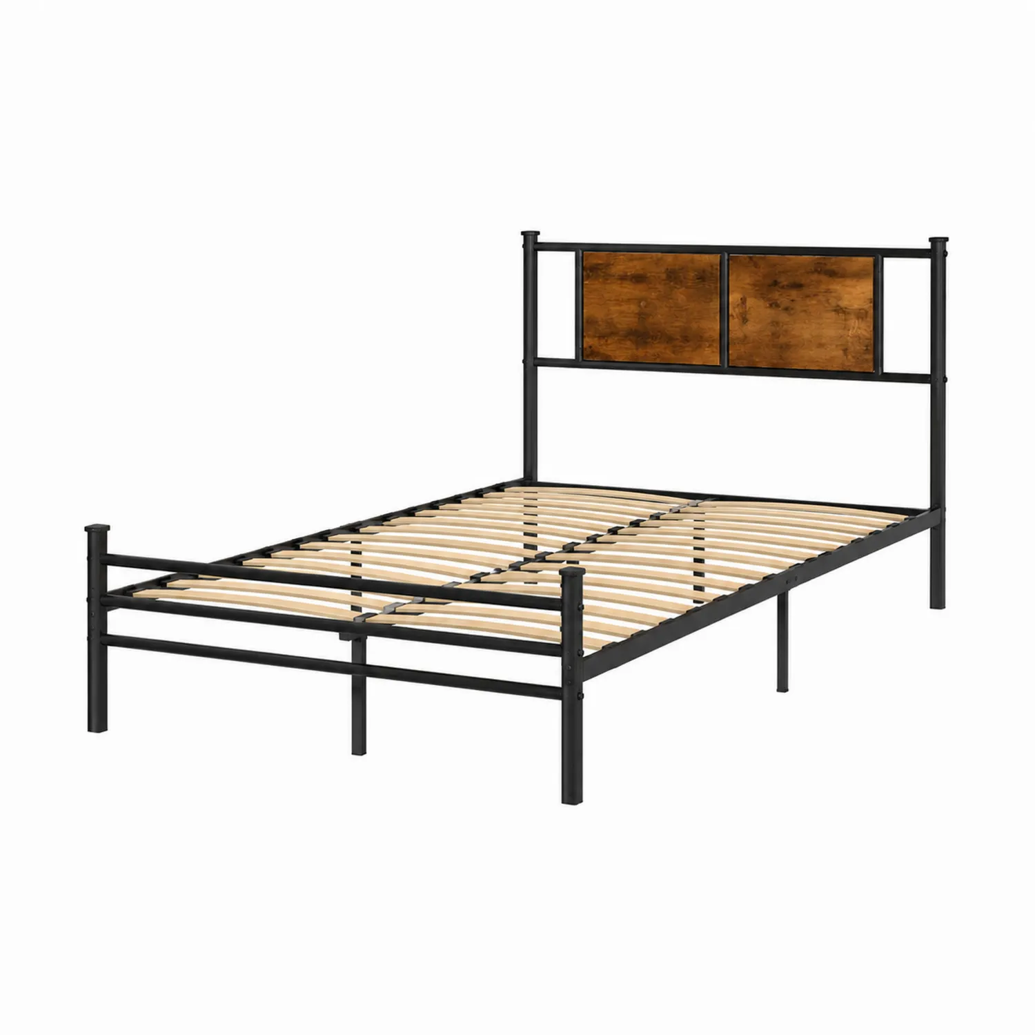 Letto Matrimoniale in Metallo e Legno Compensato Nero/Naturale 200x140 cm-Casnidolor