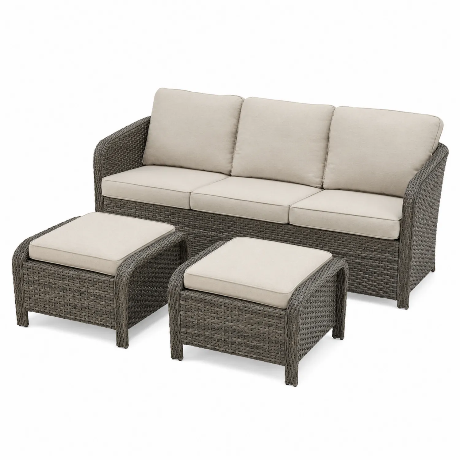 Set Divano in Rattan con Poggiapiedi e Cuscini Grigio/Beige-Casnidolor