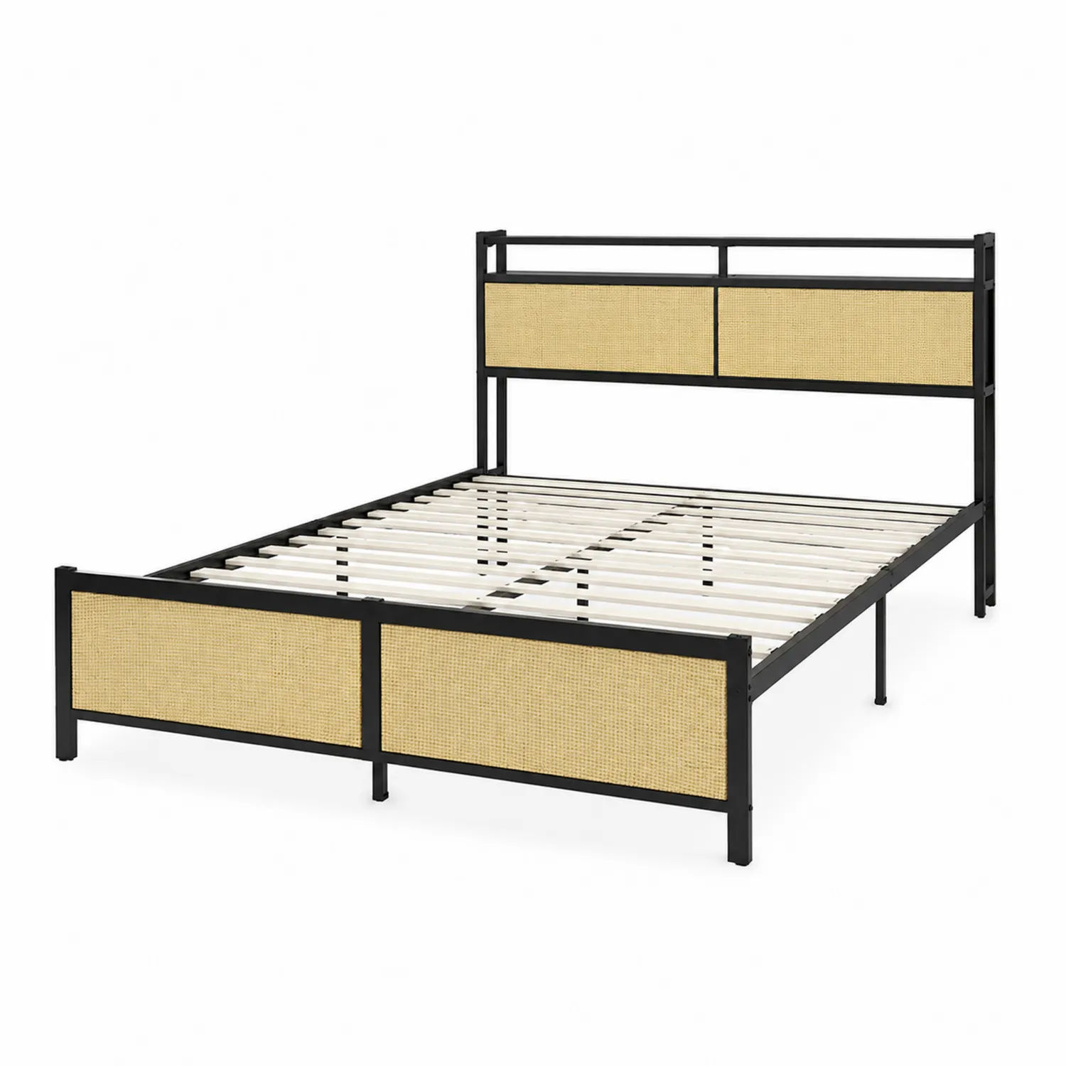 Letto matrimoniale in metallo nero con pannelli in rattan-Casnidolor