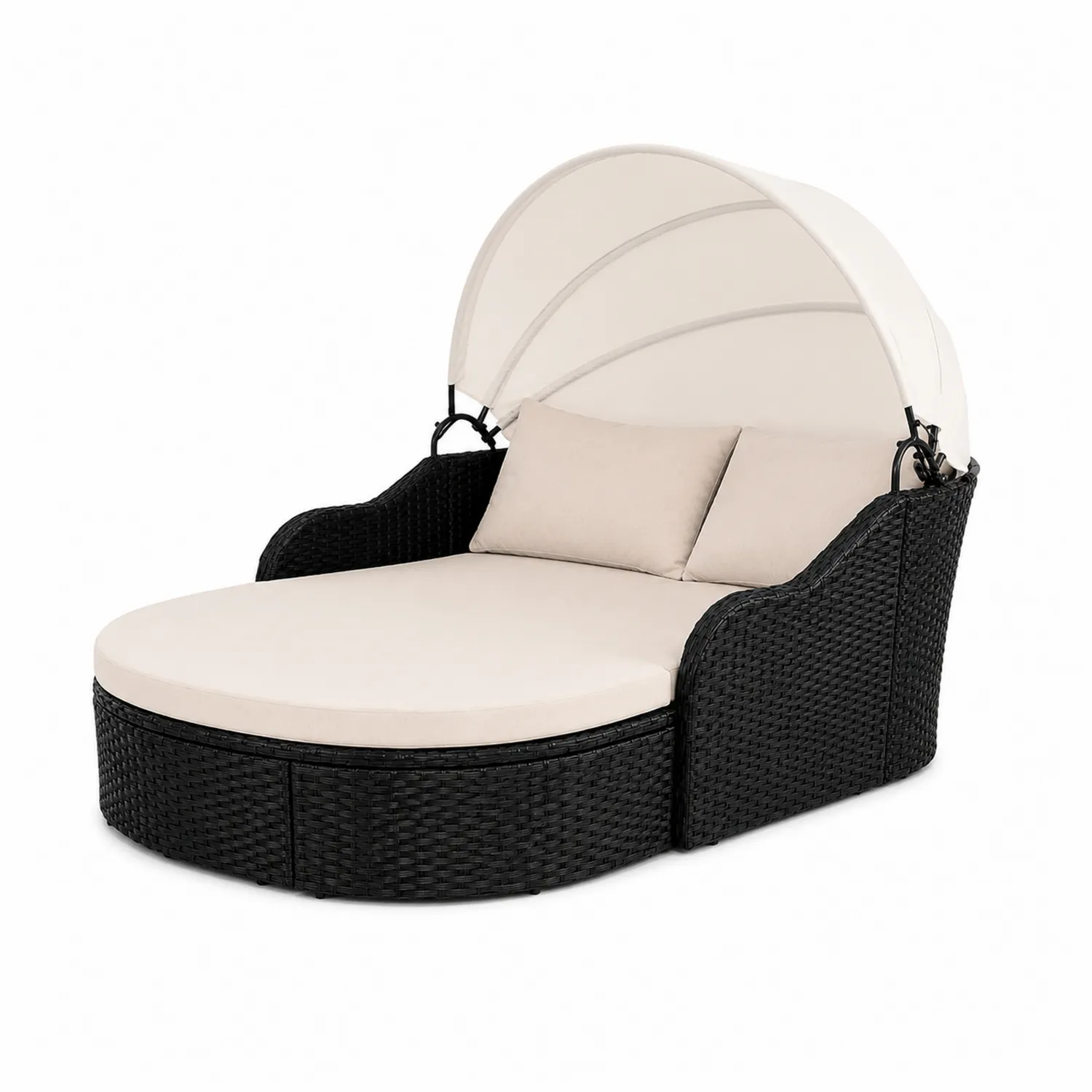 Lettino da Esterno in Rattan con Cuscini e Tettuccio Reclinabile Nero/Beige-Casnidolor