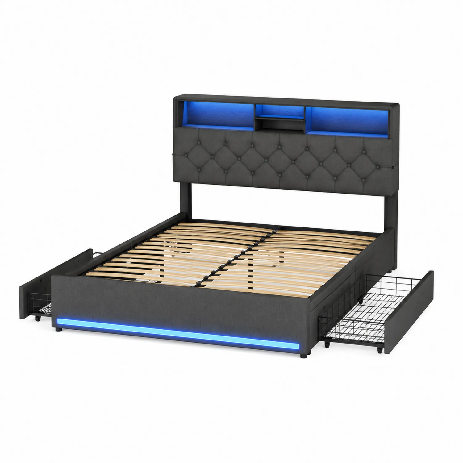 Letto Contenitore in Legno e Metallo con LED Nero 160x200 cm-Casnidolor