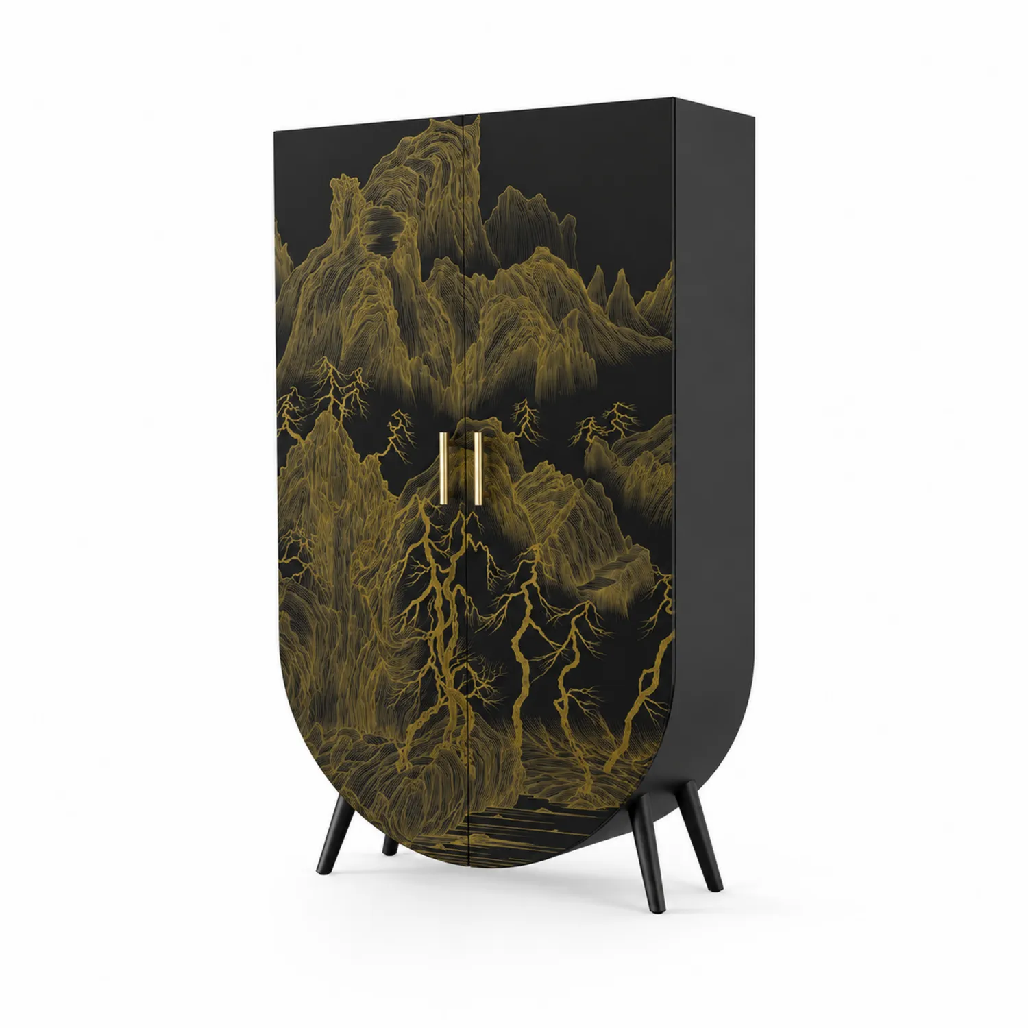 Armadio in legno con decorazione montagna nero e oro-Casnidolor