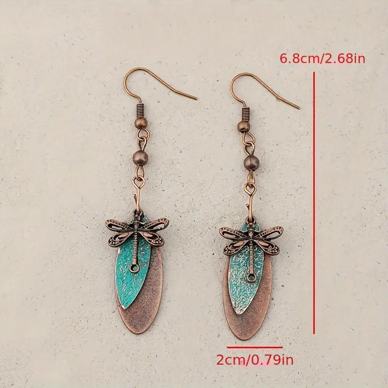 pair of vintage bohemian dragonfly dangle earrings teal green irregular stone with antique bronze   alloy   for casual attire dragonfly jewelry 5