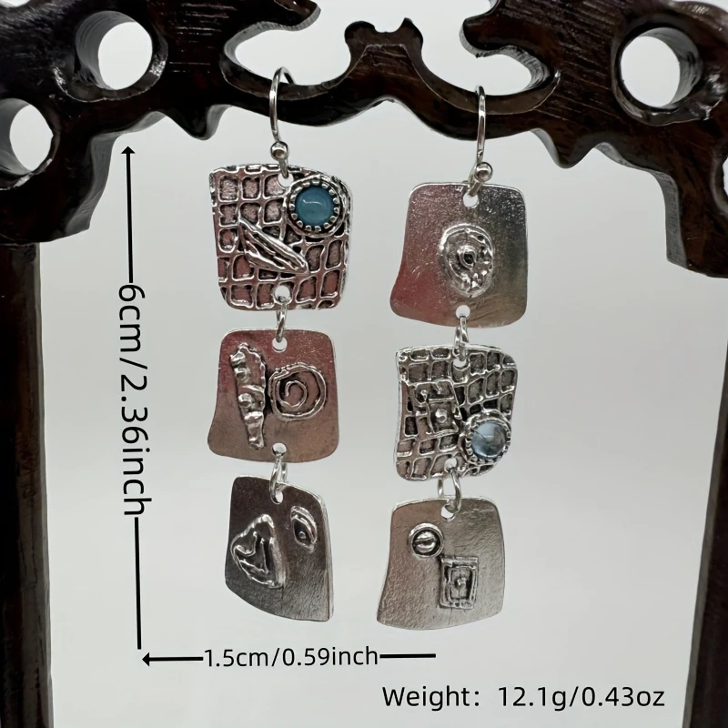 retro ethnic style tribal geometric carving square metal hanging ears alloy silver plated jewelry souvenir 3