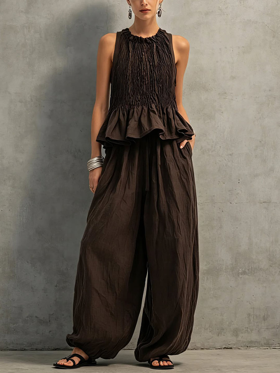 Women's Solid-color Cotton-linen Set: Round-neck Sleeveless Loose-fit Top & High-waisted Wide-leg Pants