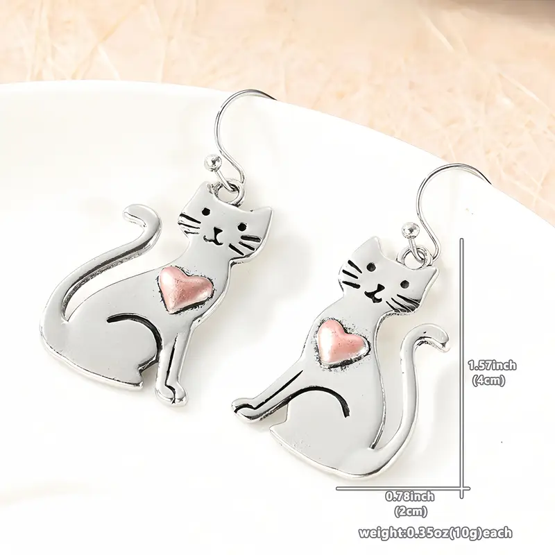 1 pair of retro silvery plated copper cute cat earrings fashionable design creative heart suitable for daily wear at birthday parties anniversary gift jewelry 4