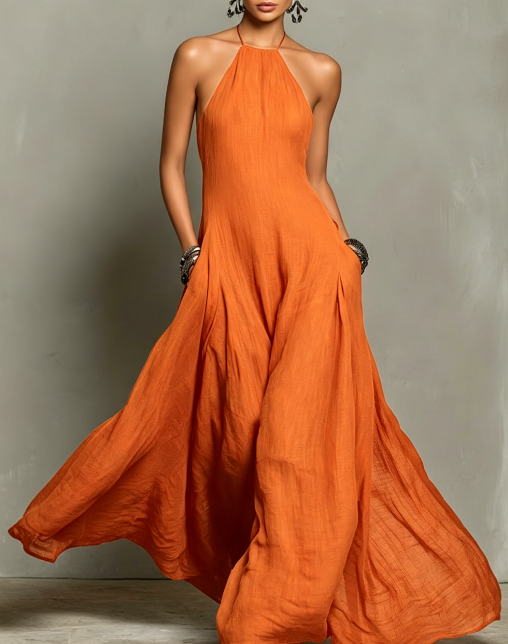 Women's Minimalist Linen Blend Halter Neck Sleeveless Maxi Dress
